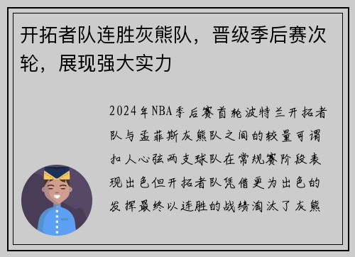 开拓者队连胜灰熊队，晋级季后赛次轮，展现强大实力