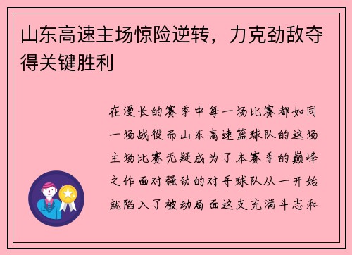 山东高速主场惊险逆转，力克劲敌夺得关键胜利