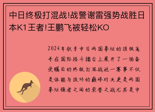 中日终极打混战!战警谢雷强势战胜日本K1王者!王鹏飞被轻松KO