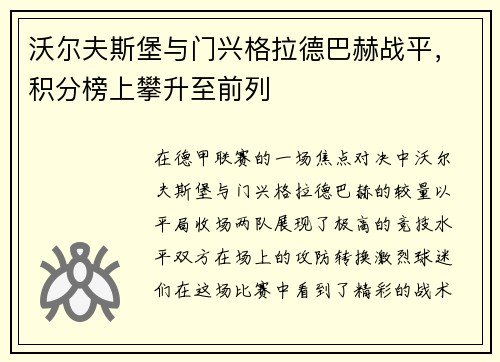 沃尔夫斯堡与门兴格拉德巴赫战平，积分榜上攀升至前列