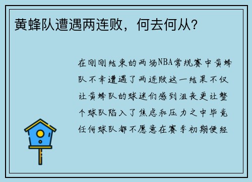 黄蜂队遭遇两连败，何去何从？